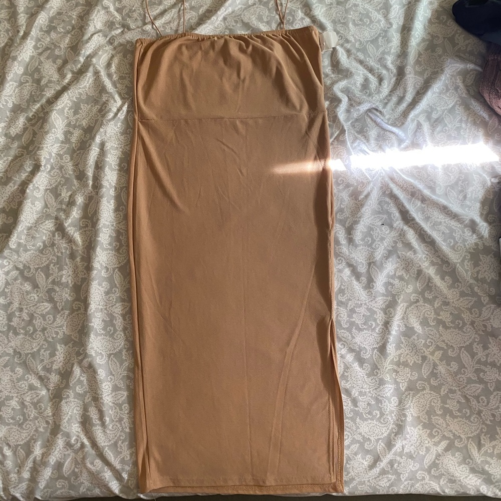 Nude Strappy Square Neck Thigh Split Midi Dress